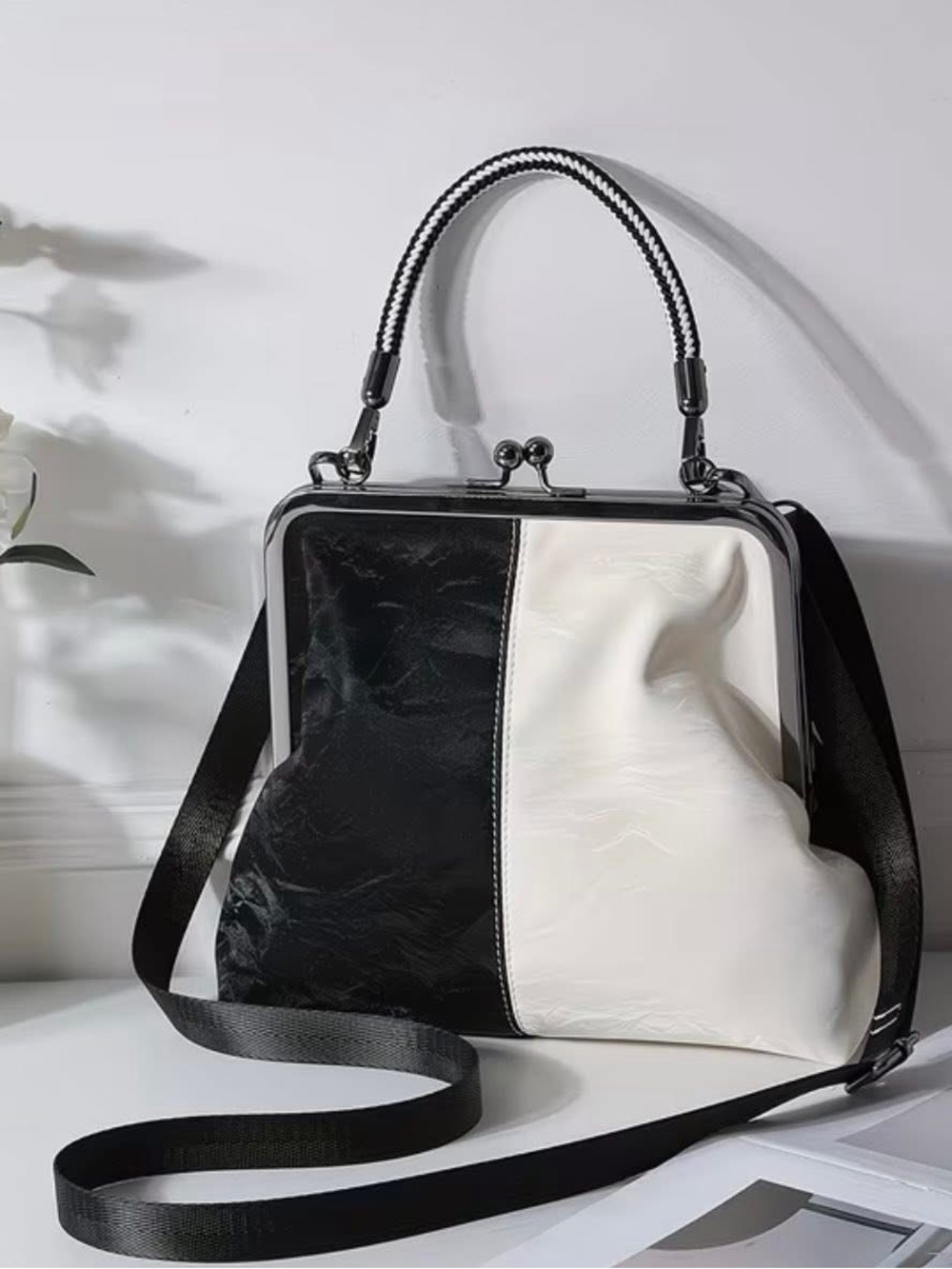 Black & White Two-Tone Frame Satchel - Unbranded